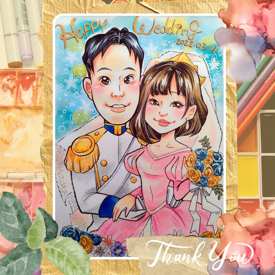 A3サイズ【額付き】ウエディング用似顔絵描きます お二人の記念になるウエディング姿で似顔絵を描きます イメージ3