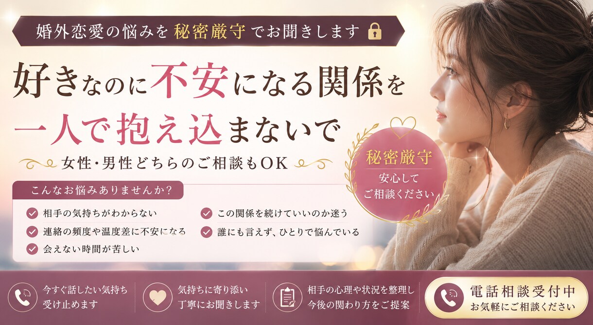 婚外恋愛のお悩み、秘密厳守でお話しお聞きします 「好きなのに不安になる関係」を、一人で抱え込まないで。 イメージ1