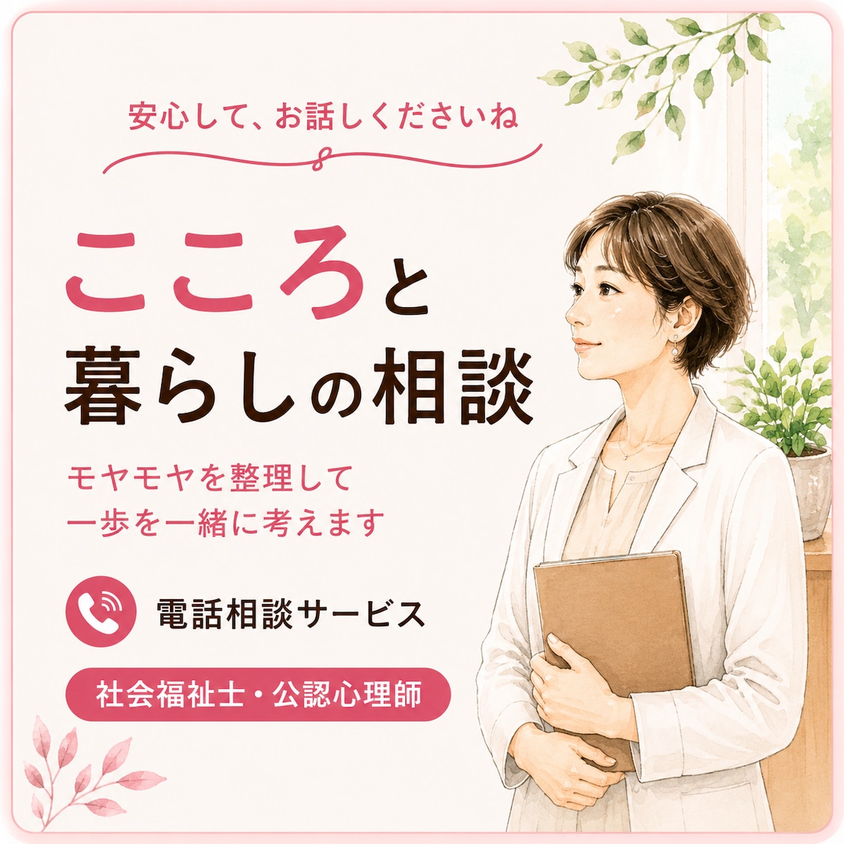 社会福祉士・公認心理師が心と暮らしの悩みを伺います 気持ち・仕事・家族・人間関係などを一緒に整理します イメージ1