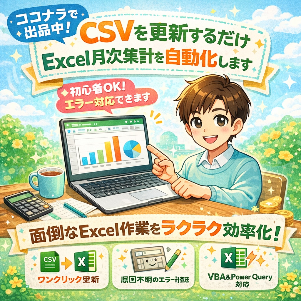 CSVを入れて更新｜Excel月次集計自動化します Excel手作業をなくしたい方へ。   CSV集計を自動化! イメージ1