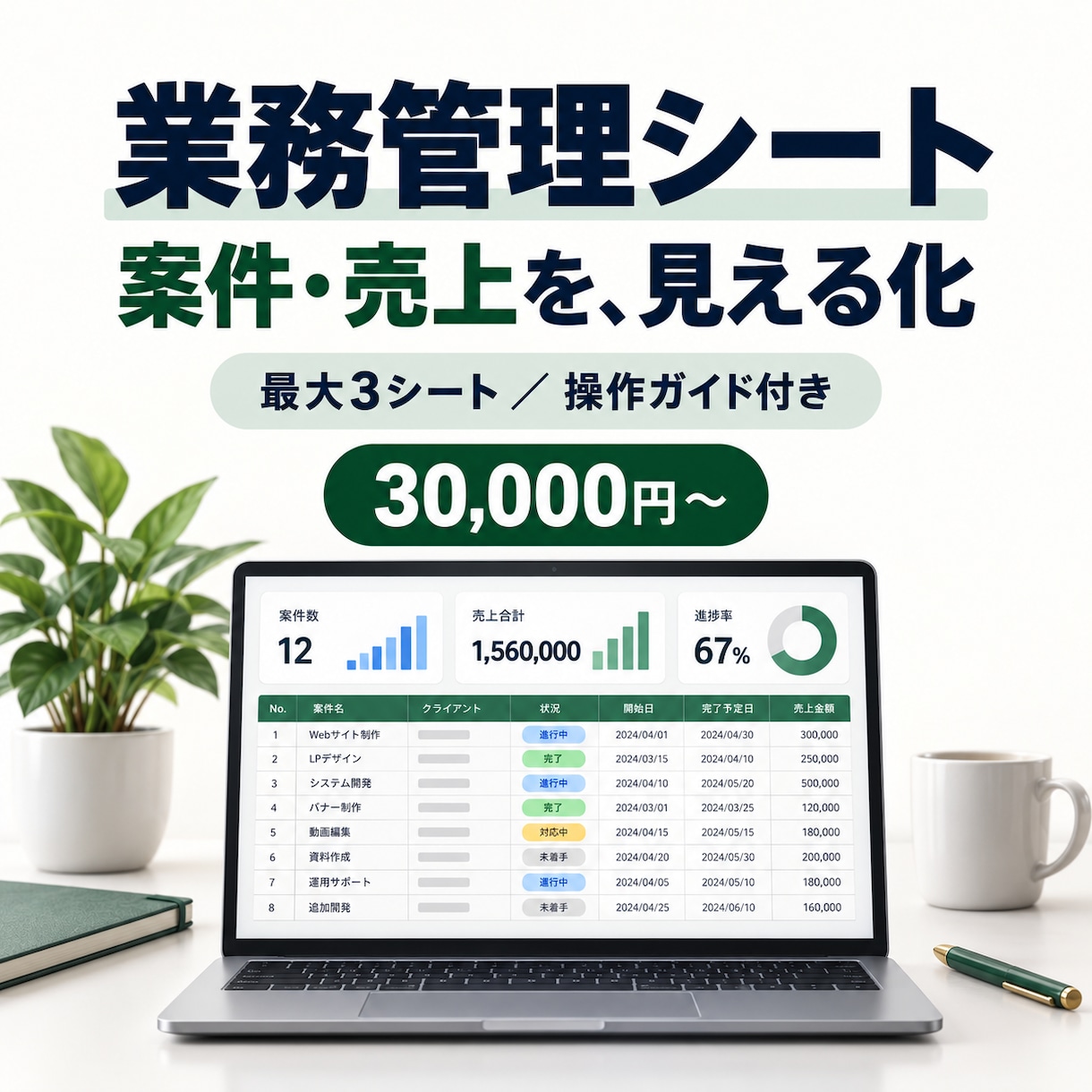 案件や売上を管理するシートを作ります 入力から集計まで、日々使える管理表に整えます イメージ1