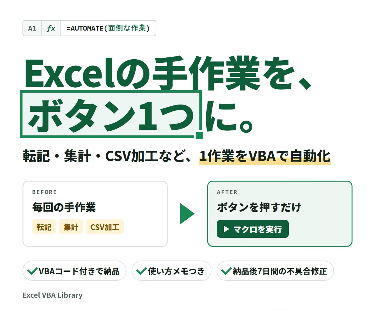 Excelの定型作業をVBAマクロで自動化します 転記・集計・CSV加工など1作業を、ボタン1つの処理にします イメージ1