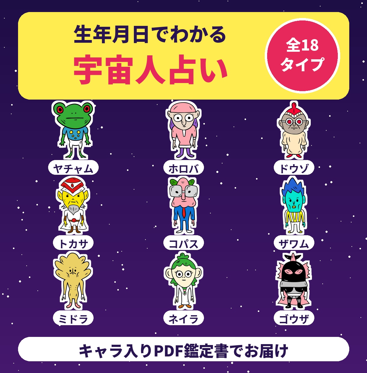 謎かわいい宇宙人があなたの本質と運勢を鑑定します 生年月日だけでOK！18タイプの宇宙人からあなたの分身を診断 イメージ1