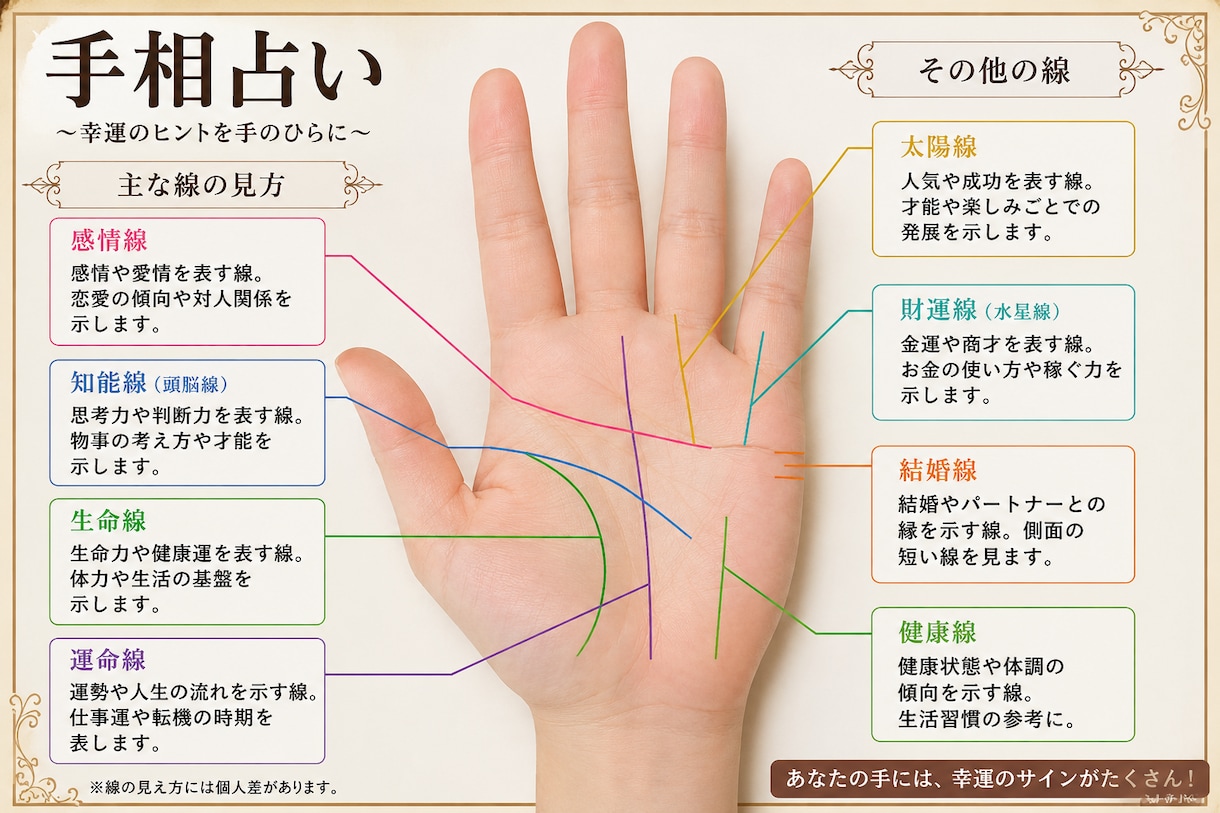 手相鑑定をして、あなたの運勢をみます 画像付きの手相で、鑑定を行います。 イメージ1