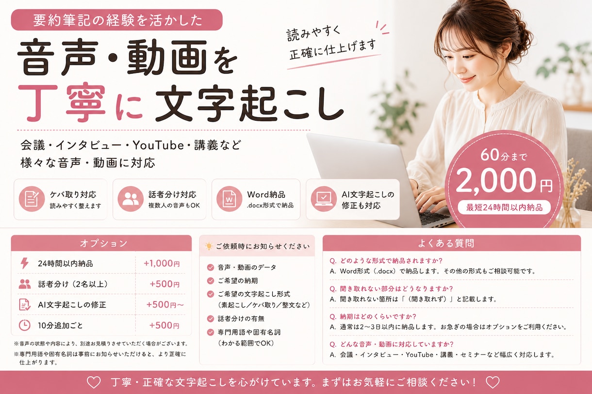 最短24時間/音声・動画を丁寧に文字起こしします 会議・YouTube・インタビューの文字起こし イメージ1