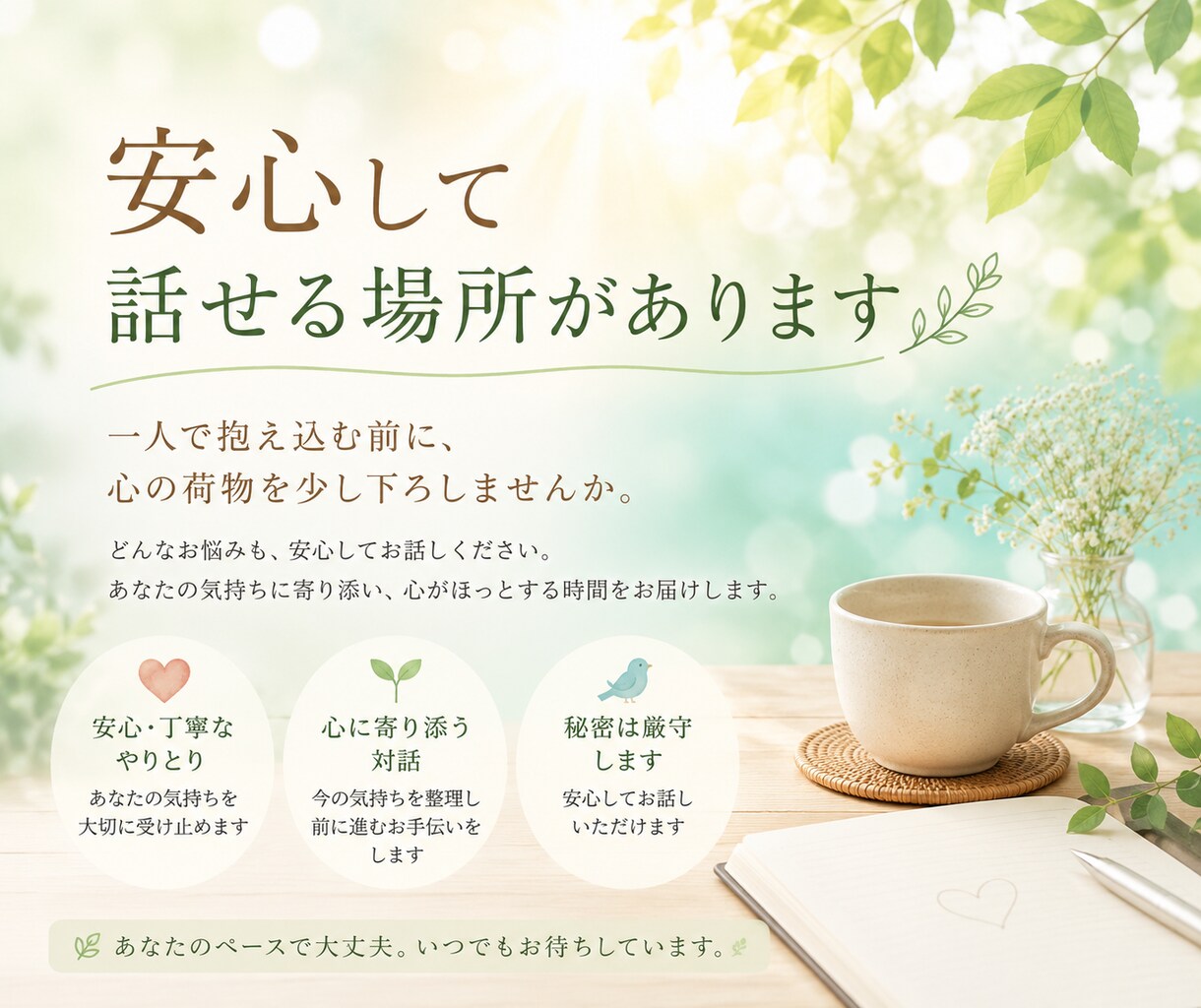 誰にも言えないモヤモヤをゆっくりお聴きします 愚痴・仕事・人間関係・寂しさも大丈夫です イメージ1