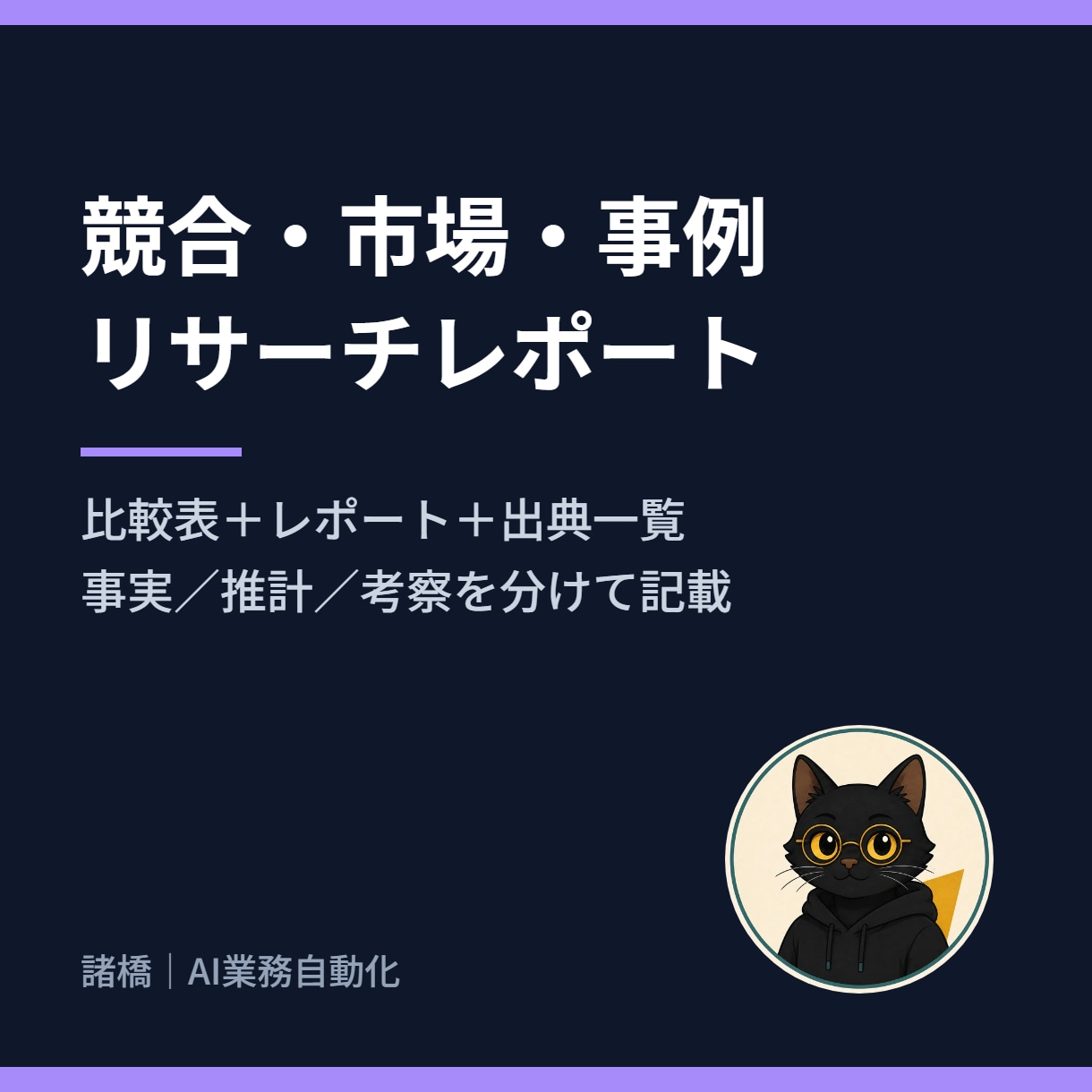 競合・市場・事例を調べ比較レポートにします 一次情報の出典と確認日つき。事実／推計／考察を分けて記載 イメージ1