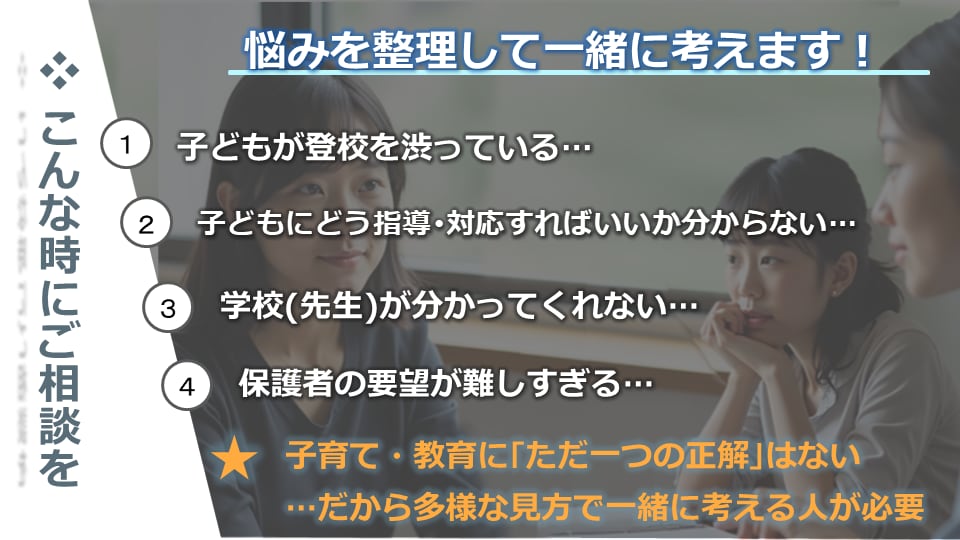 子育て・教育に関する悩み解決のお手伝いをします 先生や保護者の「子育て・教育」に関する悩みを一緒に考えます イメージ1