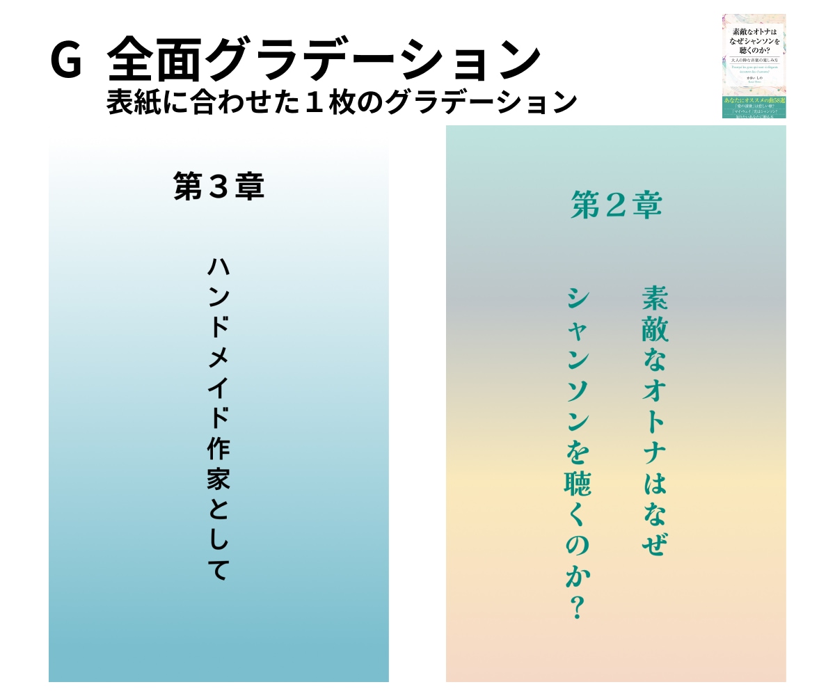 電子書籍の中のオリジナルでステキな中扉を作ります 書籍の表紙に合わせた章扉を色やデザインで個性を出しませんか？ イメージ8