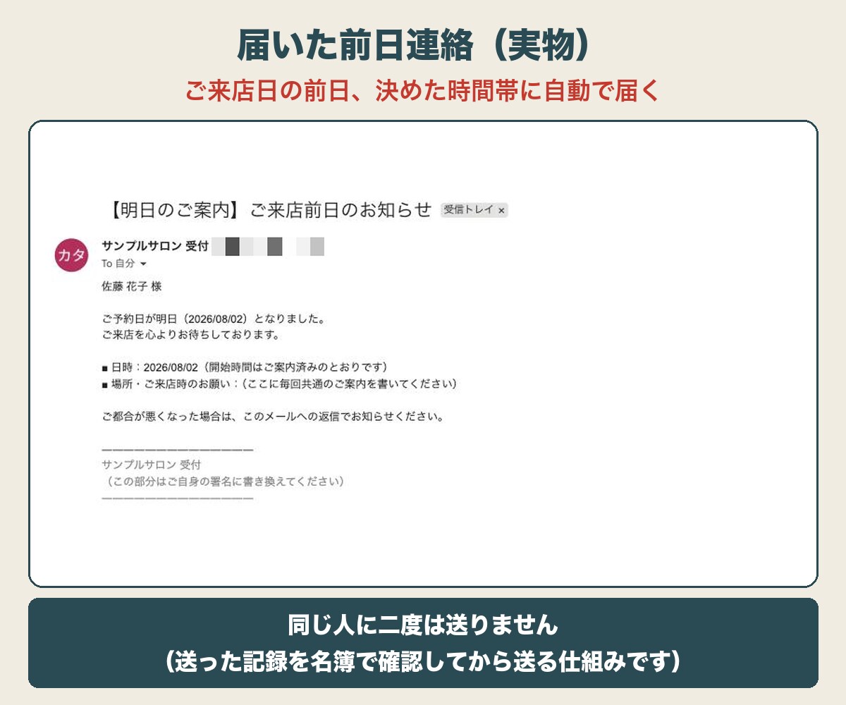 スプレッドシートでサロンの予約受付を自動化します 予約→お礼→台帳→前日連絡まで自動。設置14分・サポート付 イメージ6