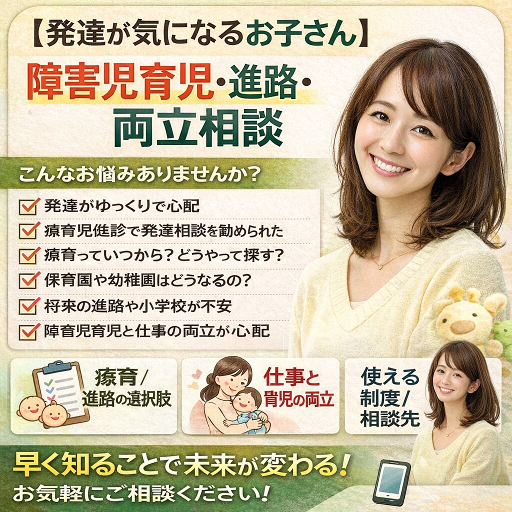 発達っ子の育児・進路、仕事の両立相談に応じます 障害児の進路、サービス情報をいち早く知ることが仕事両立のカギ イメージ1