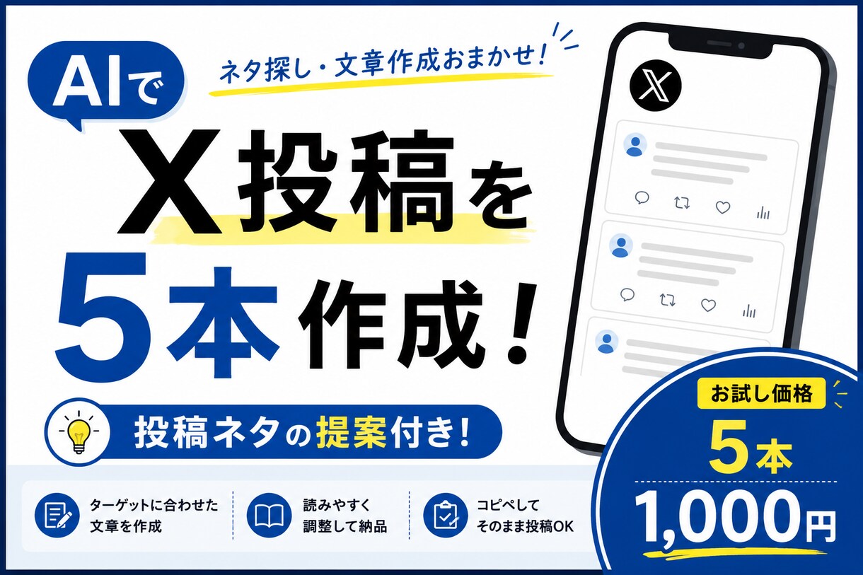 X投稿を5本作成します 投稿ネタから考えて作成します。 イメージ1