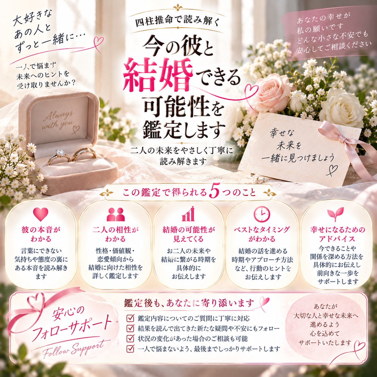 今の彼と結婚できる可能性を鑑定します 彼との結婚の可能性と未来を詳しく鑑定します イメージ5