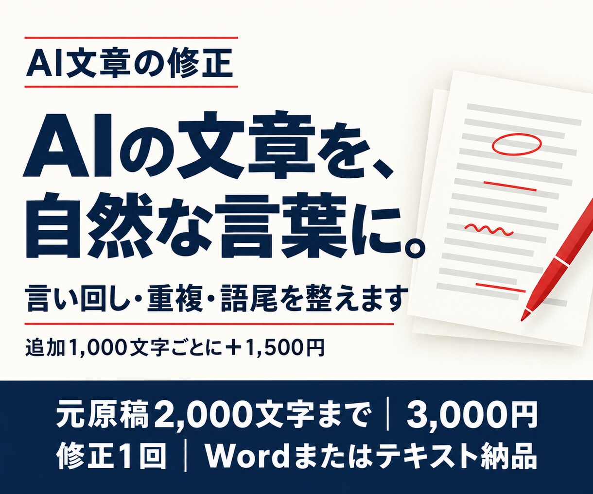 AI文章を自然で伝わる日本語に整えます 機械的な言い回しや繰り返しを、読みやすく修正 イメージ1