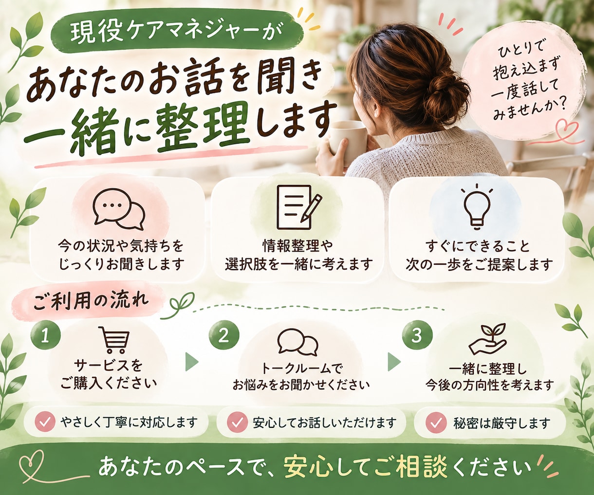 介護の悩みを現役ケアマネが一緒に整理します 家族の介護、ひとりで抱え込む前にお話しください イメージ3