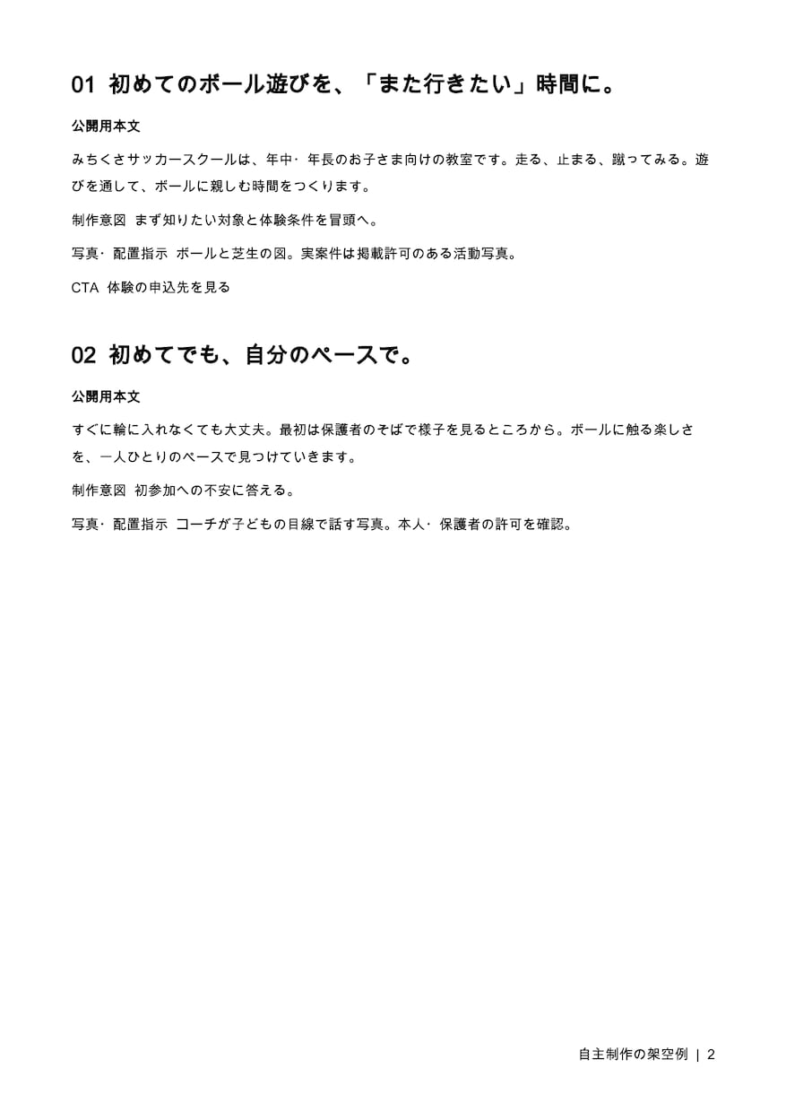 ヒアリング資料からLP構成と原稿を作成します 見出し・本文・写真指示をまとめて納品 イメージ3