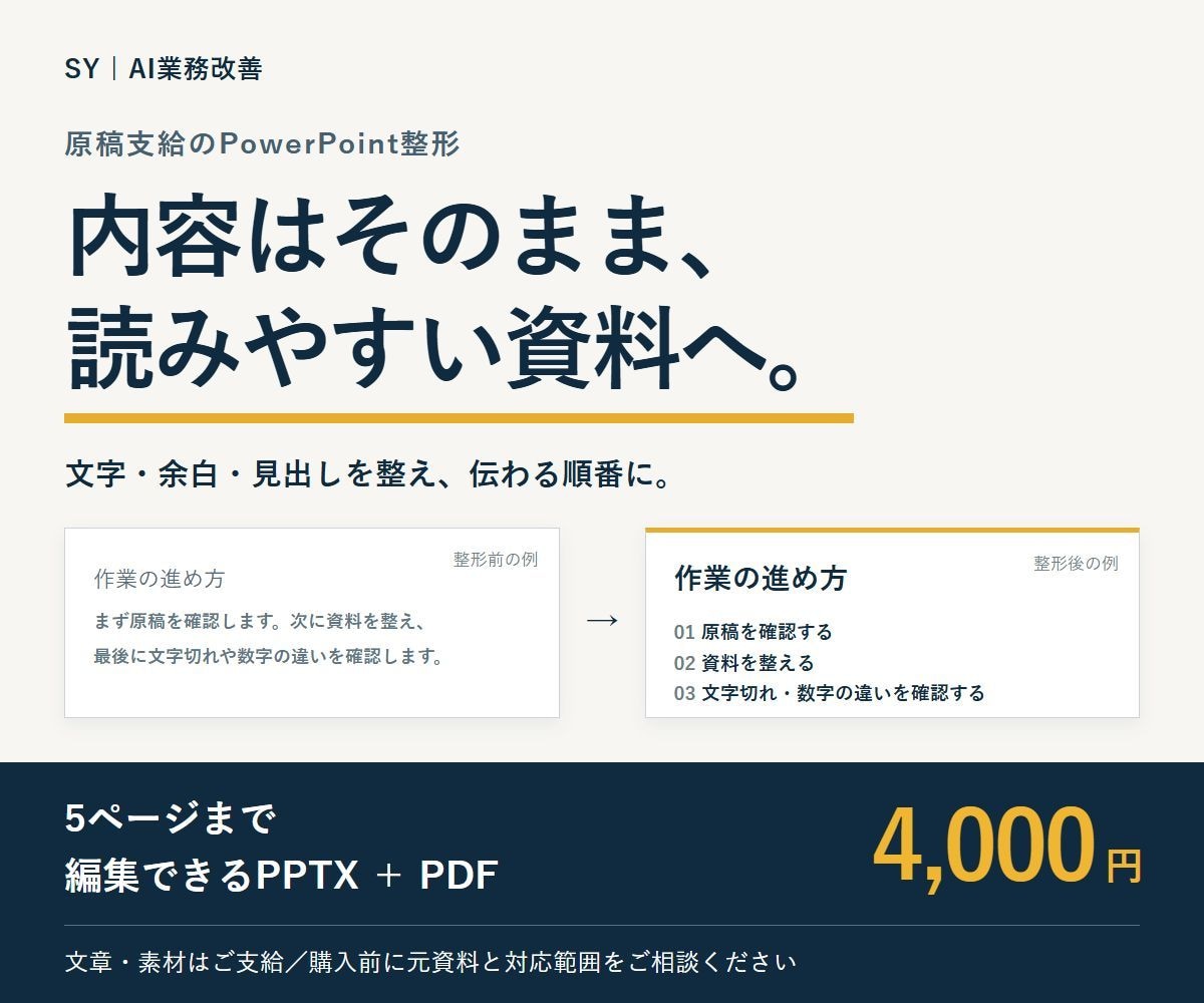 支給資料5ページをパワポで読みやすく整えます 原稿そのまま、余白と文字を整理。編集できる資料へ イメージ1