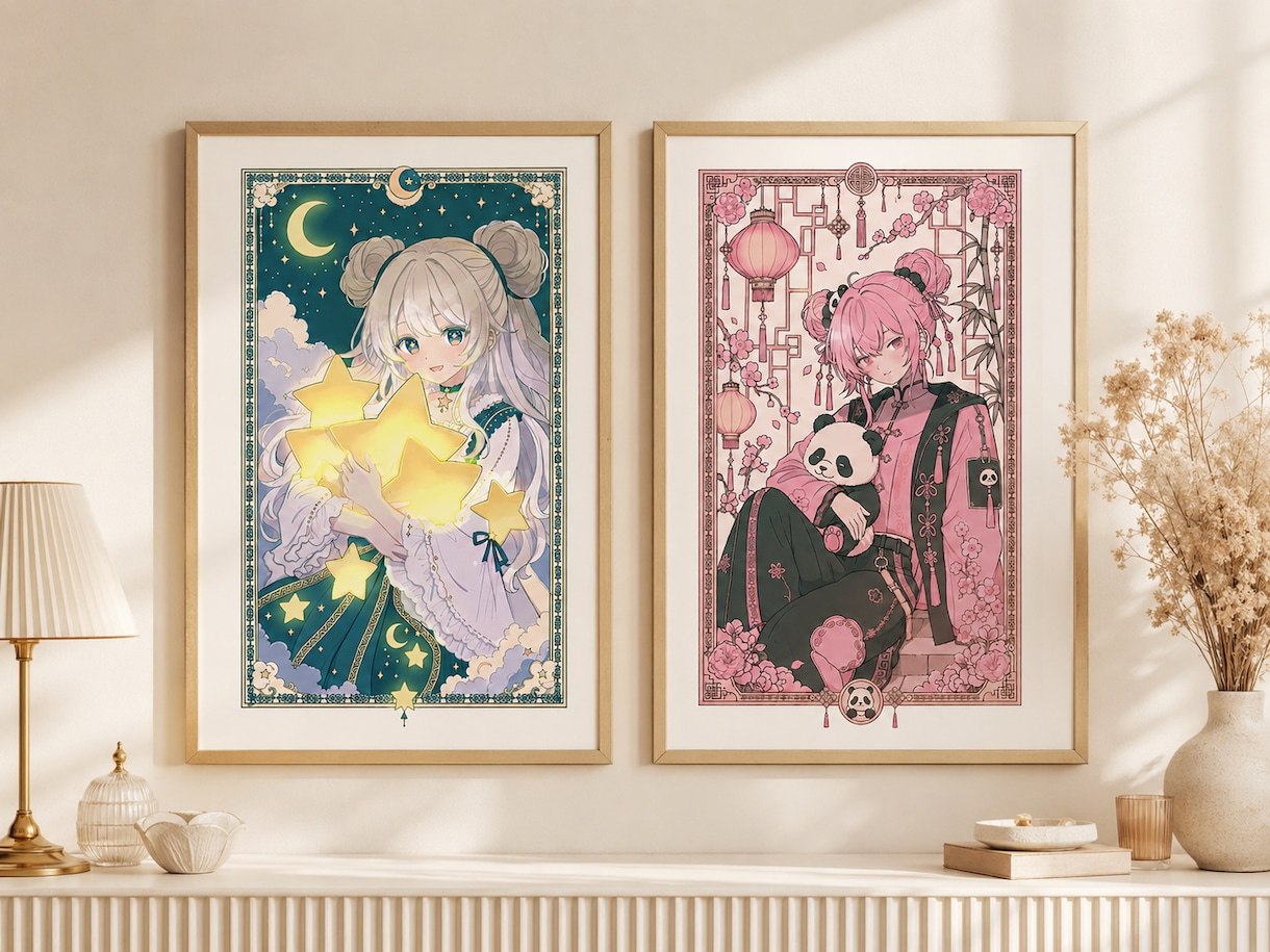 額装映え 華やかなキャライラストを制作します 装飾フレーム・花・星・月・中華風など、額装映えする華やかさ❁ イメージ1