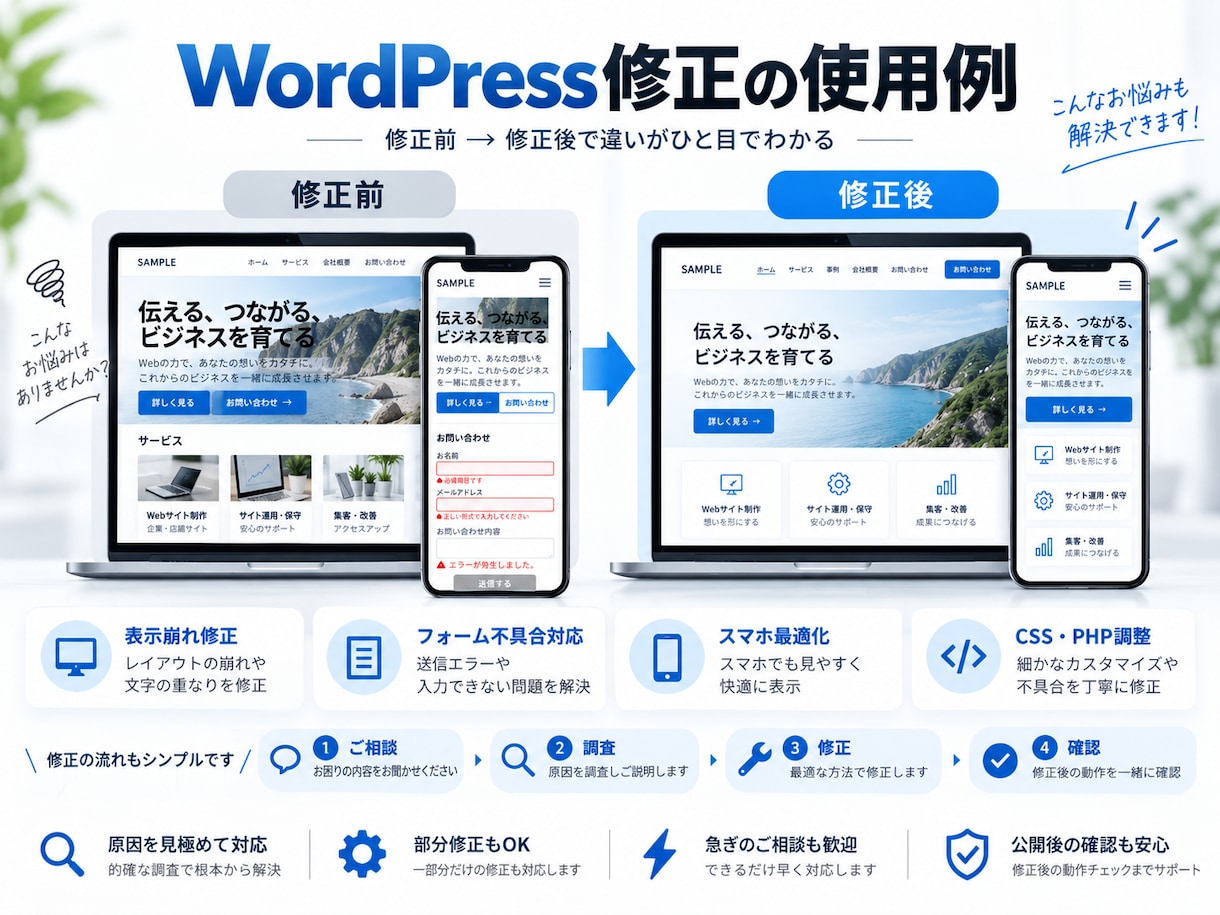 WordPressの不具合を迅速に修正します 表示崩れ・エラー・CSS・PHPまで幅広く対応 イメージ1