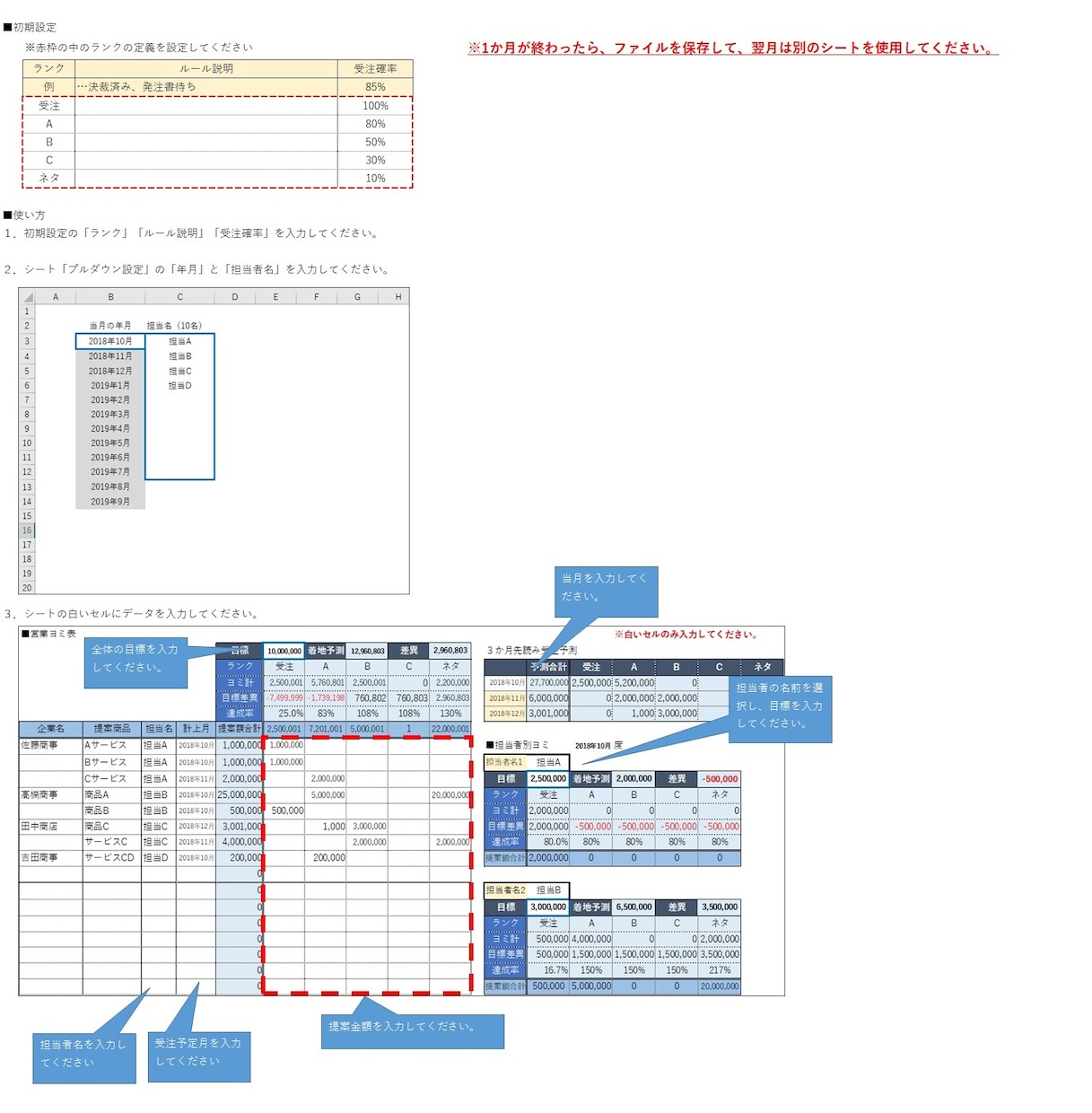担当者別、月次、営業ヨミ表送ります 受注確率・月別予測自動計算（説明書付き）７_営業ヨミ表1.1 イメージ2