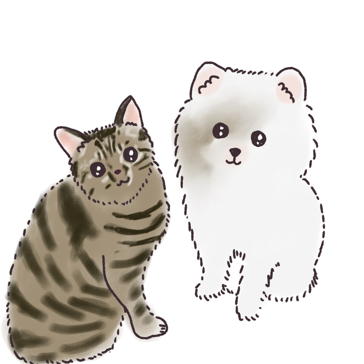 ゆるかわほっこりかわいいペットのイラスト描きます バラバラの写真からぎゅっと集まった1枚のイラストに。 イメージ1