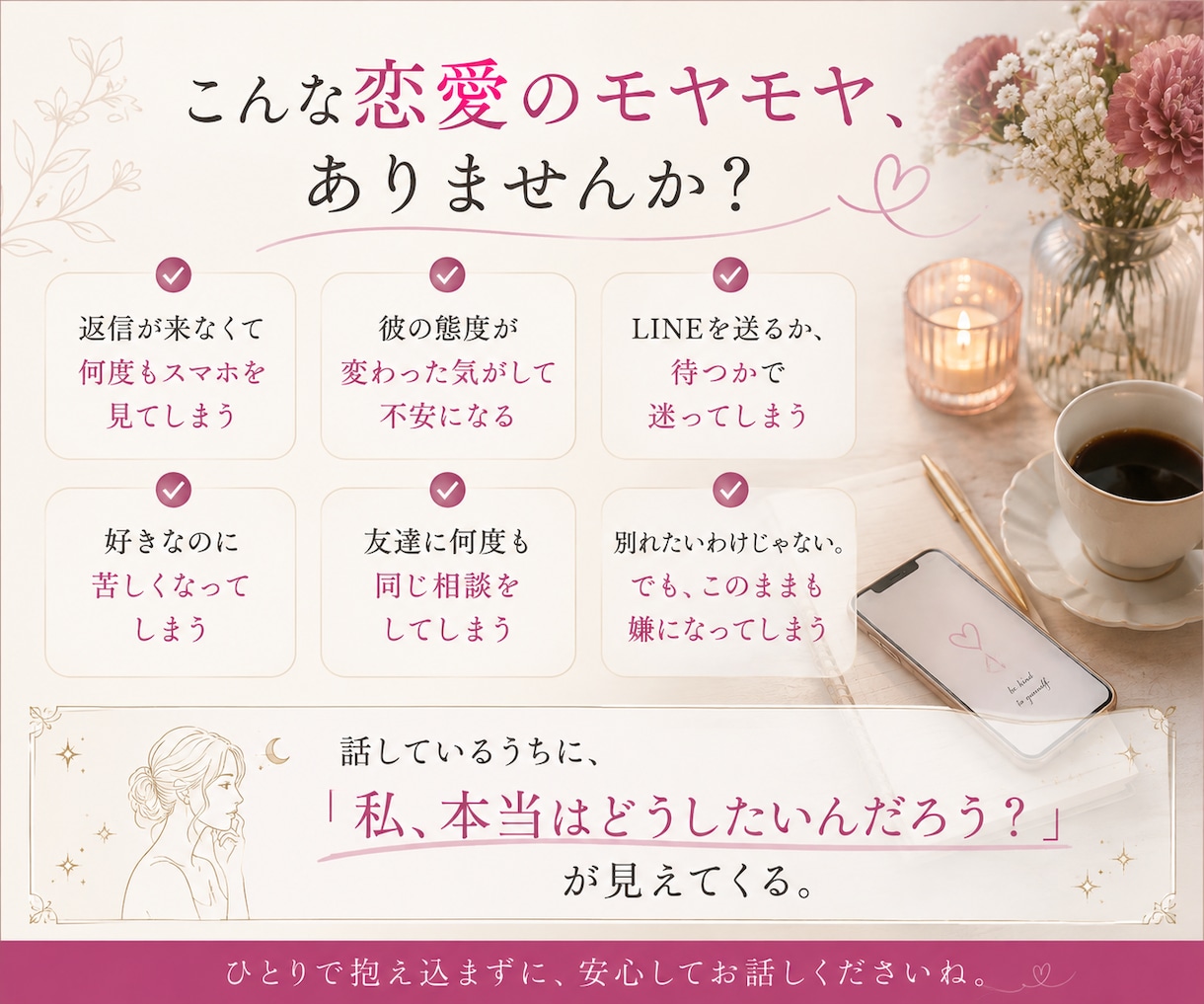 恋愛で考えすぎて苦しい。振り回される心を整理します 彼から連絡が来ない…考えすぎて苦しい時。一緒に整理します イメージ2