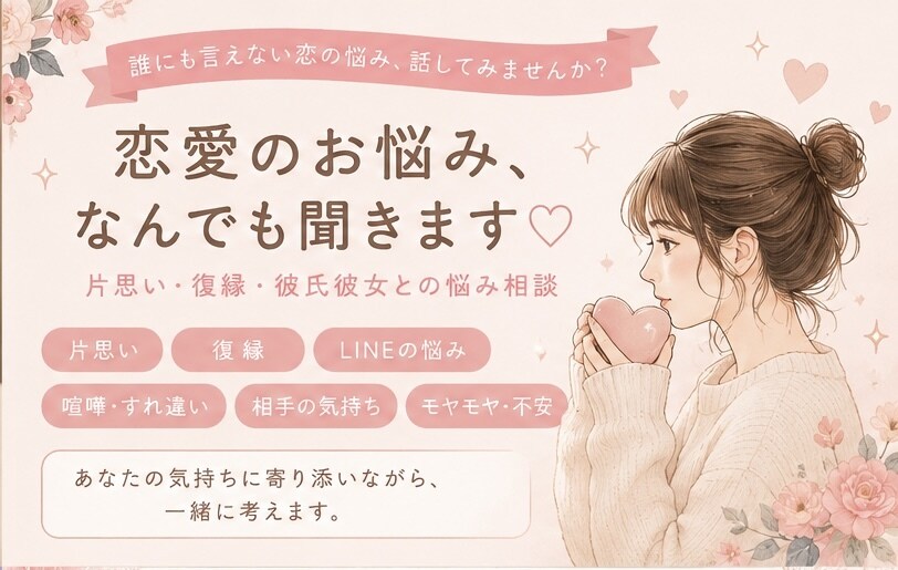 恋愛のお悩みなんでも聞きます♡ 片思い・復縁ます 悩みひとりで抱え込んでいませんか？寄り添って一緒に考えます。 イメージ1