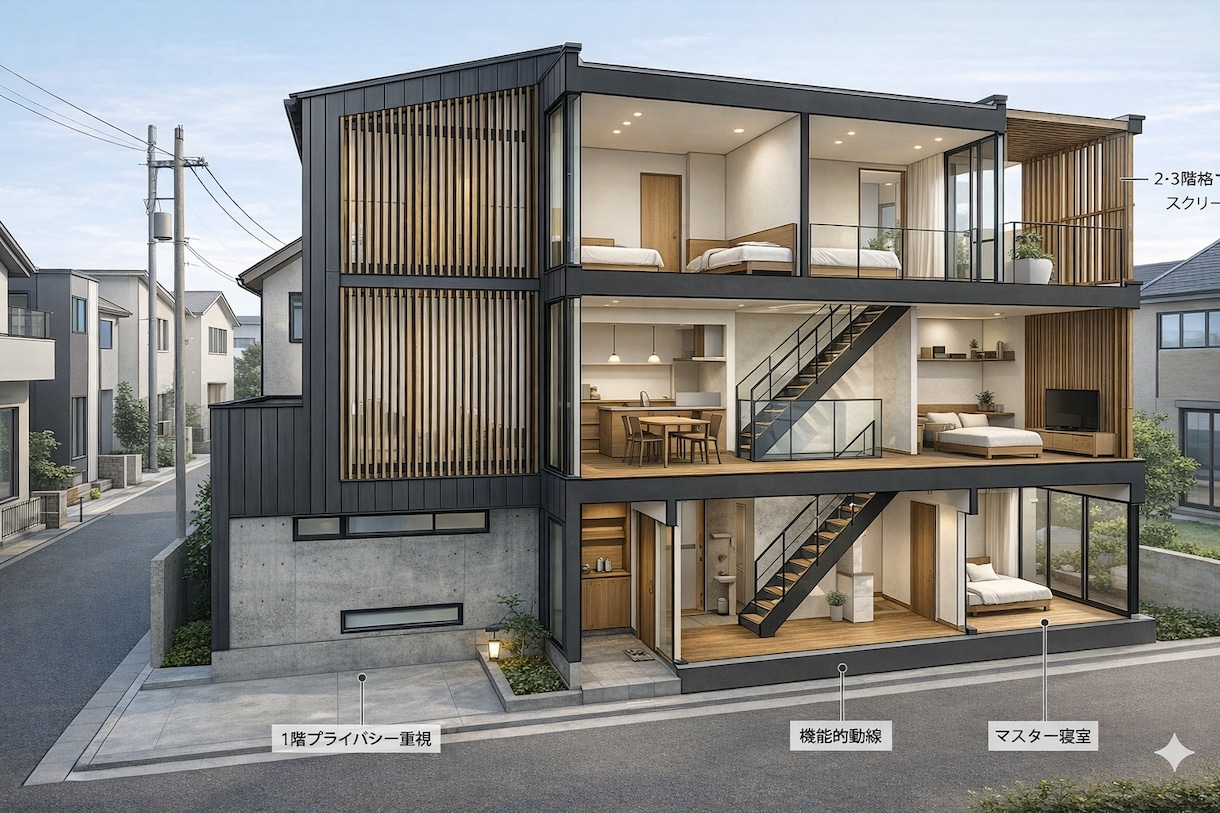 更地の建築可能ボリュームを3Dで確認します 事業計画前の初期判断用／間取り・立面図はオプション イメージ1