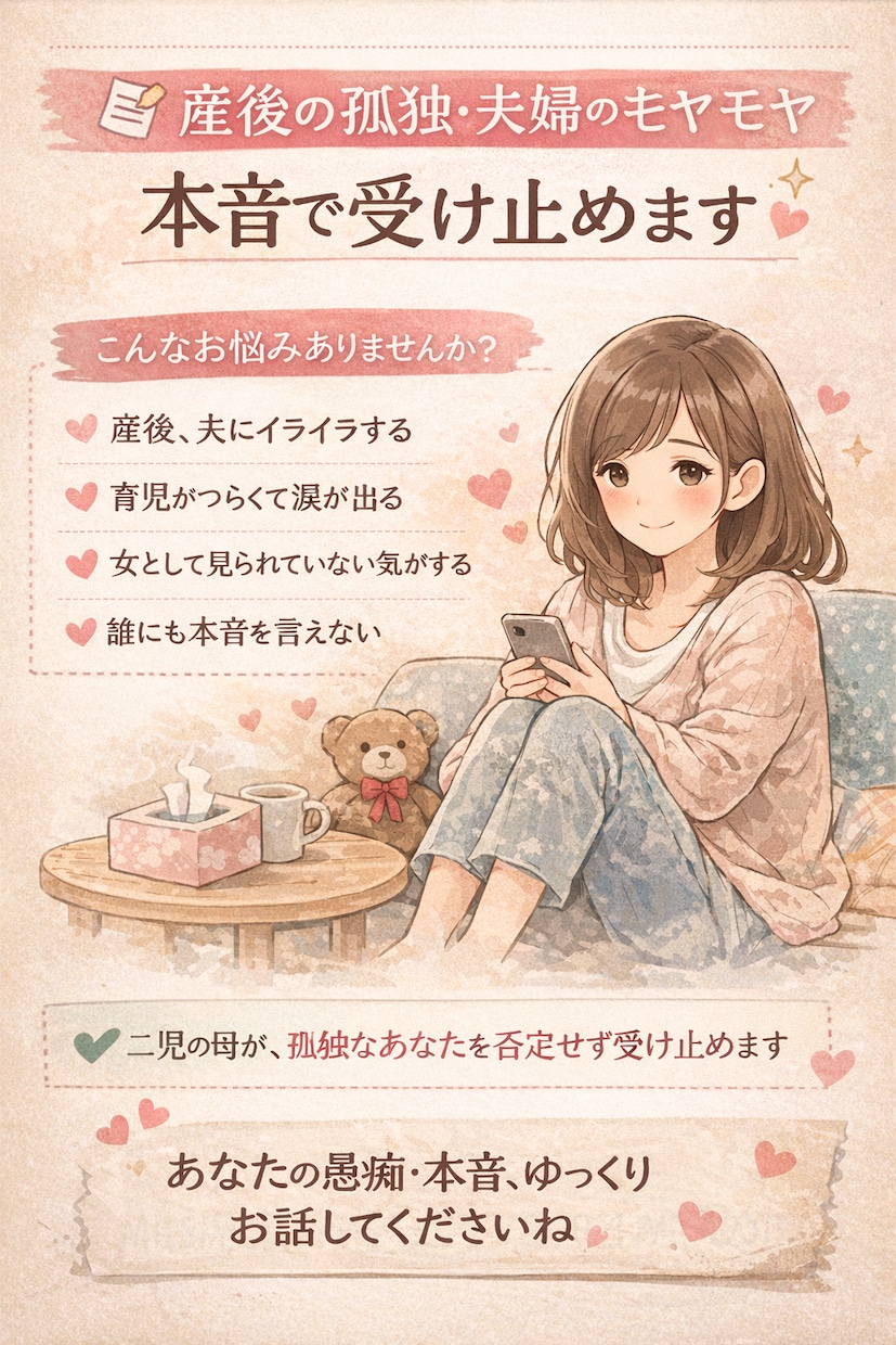 産後の孤独・夫婦のモヤモヤ本音で受け止めます 二児ママが、誰にも言えない本音の逃げ場になります イメージ1