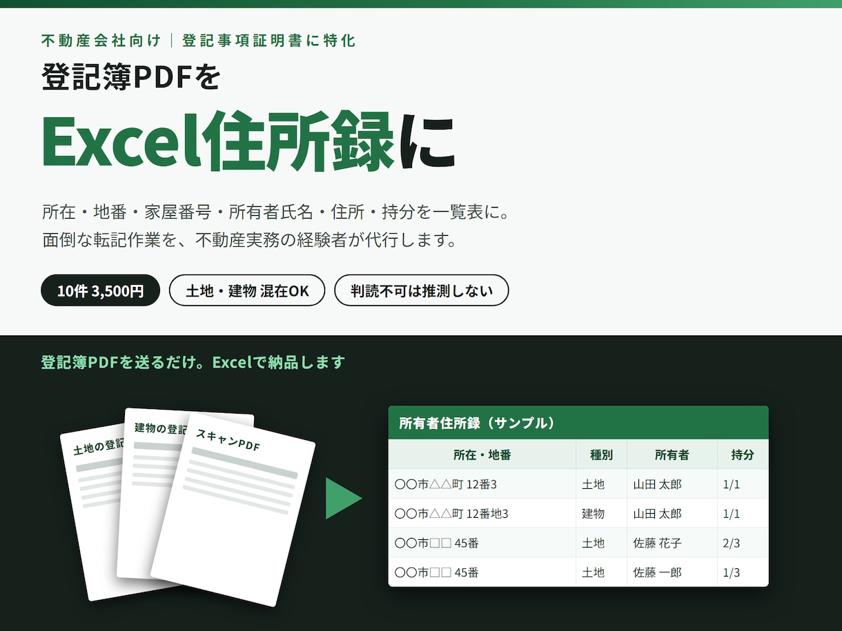 登記簿PDFからExcel住所録を作成します 登記事項証明書の所有者・住所をExcelに転記代行 イメージ1