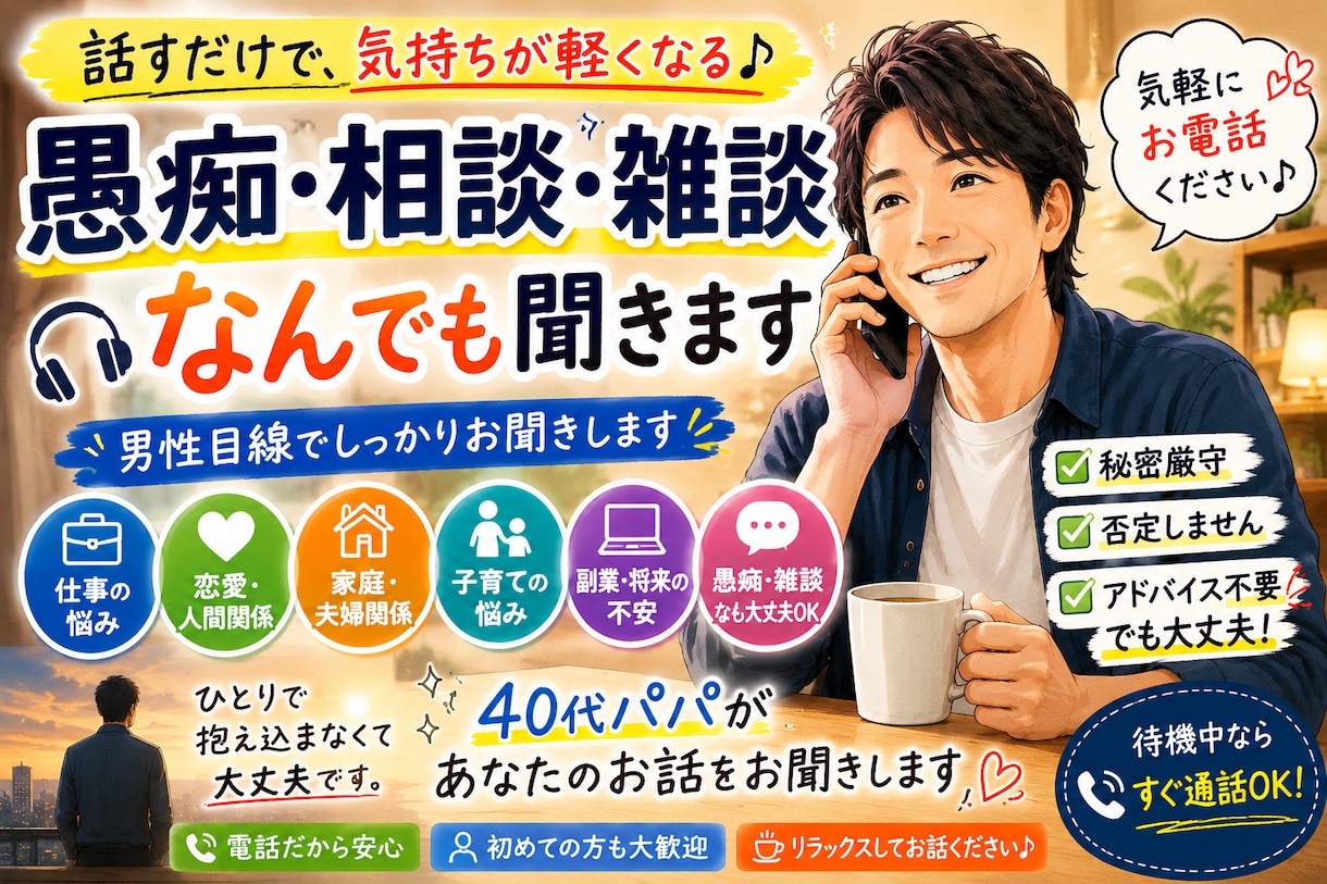 関西40代パパが愚痴・相談・雑談なんでも聞きます 男性ならではの視点で、  あなたのお話をお聞きします。 イメージ1