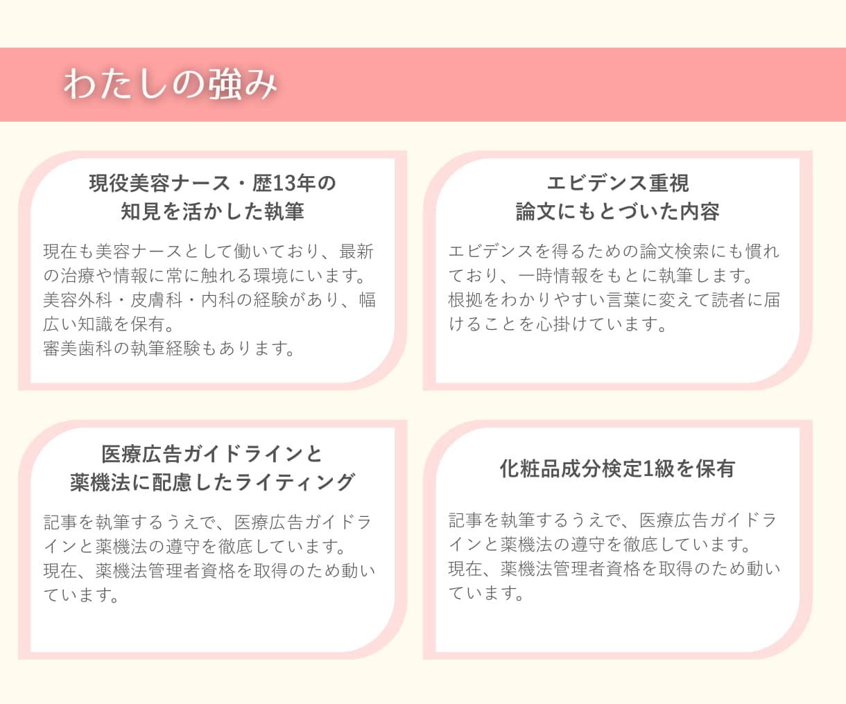 現役の美容ナースが「美容医療記事」を執筆します 知見とエビデンスにもとづいたSEO記事を作成します。 イメージ3