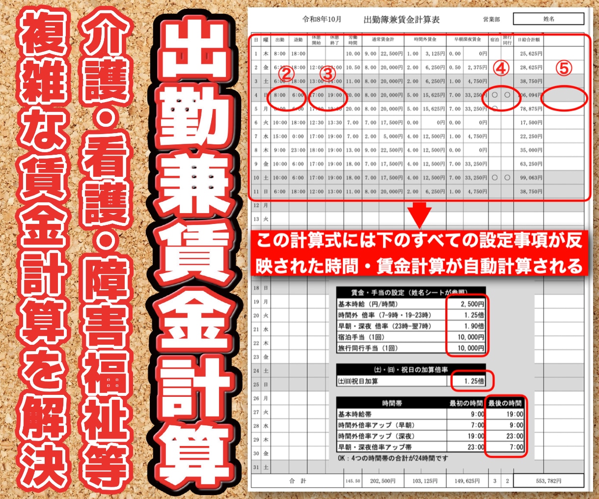 複雑な勤務給与計算Excelをオーダーメイドします 介護サービスなどの複雑な勤務表作成と給与計算を数分で簡単に イメージ1