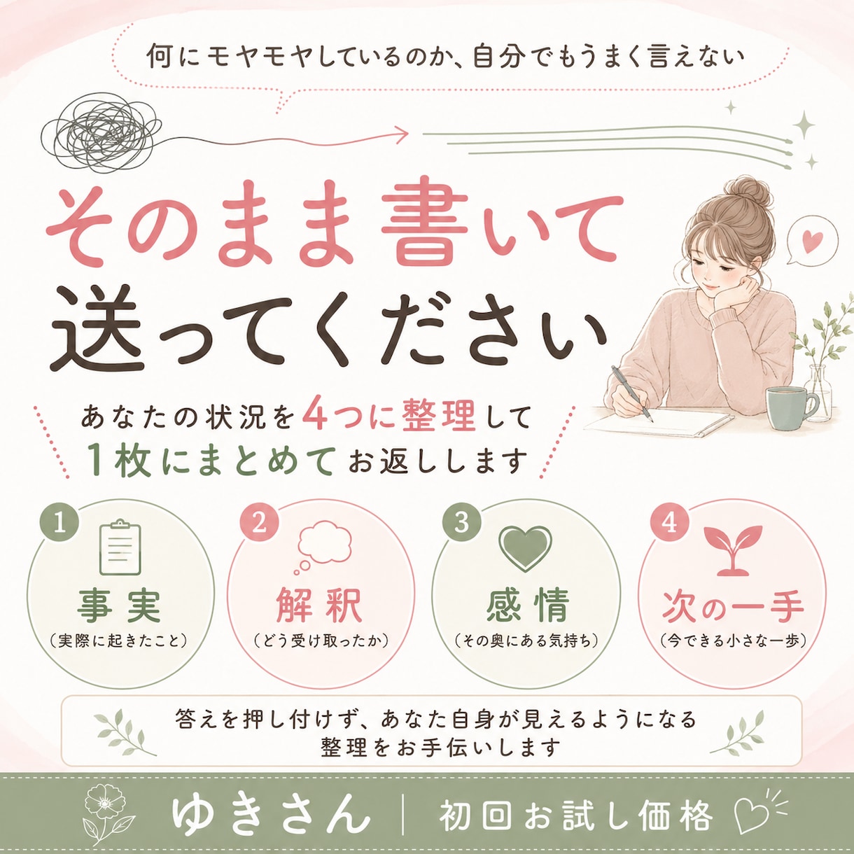 モヤモヤした気持ち、整理してテキストでお返しします 心理職12年｜初回お試し価格。1往復・テキストだけで完結 イメージ3