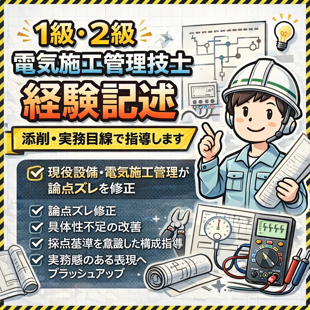 電気施工管理技士の経験記述添削します 現役施工管理が実務目線で添削(1級電気施工管理技士所有) イメージ1