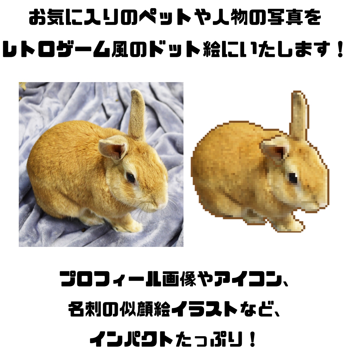 お写真からレトロゲーム風ドット絵を作成いたします SNS・ブログ・名刺などで使えるインパクトたっぷりの似顔絵！ イメージ2