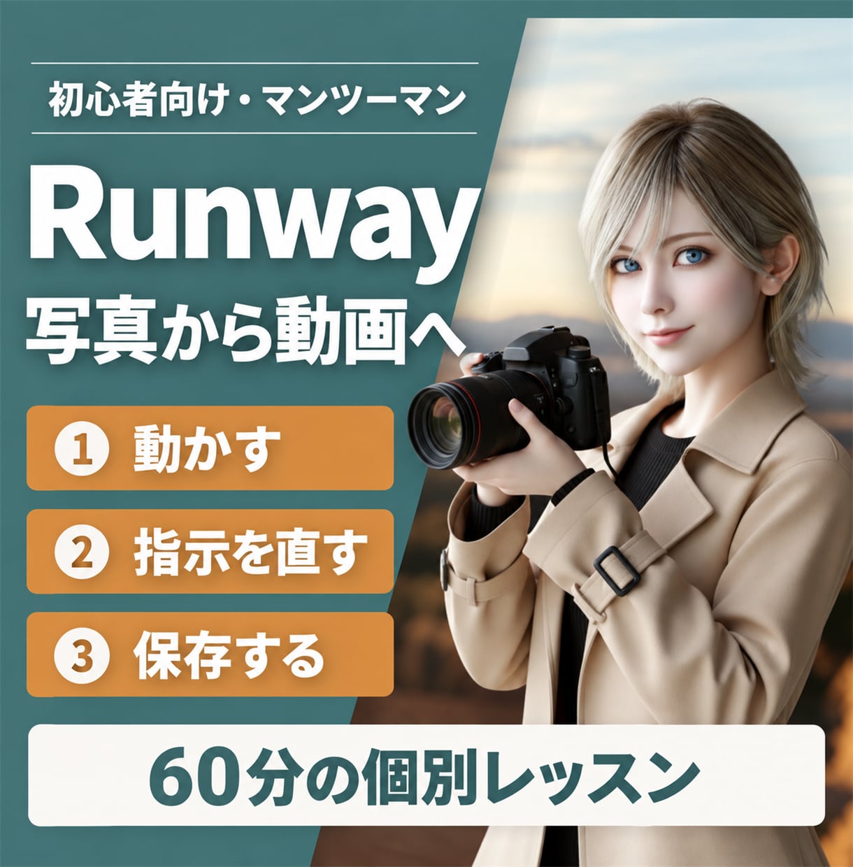 写真から動画へRunwayの使い方を教えます 初心者向け60分｜動かす・指示を直す・保存を個別に練習 イメージ1