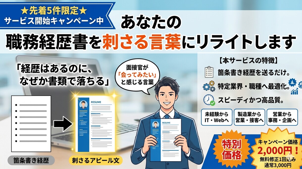 あなたの 職務経歴書を刺さる言葉にリライトします 箇条書きの経歴を送るだけ。面接官の心に響く言葉に仕上げます イメージ1