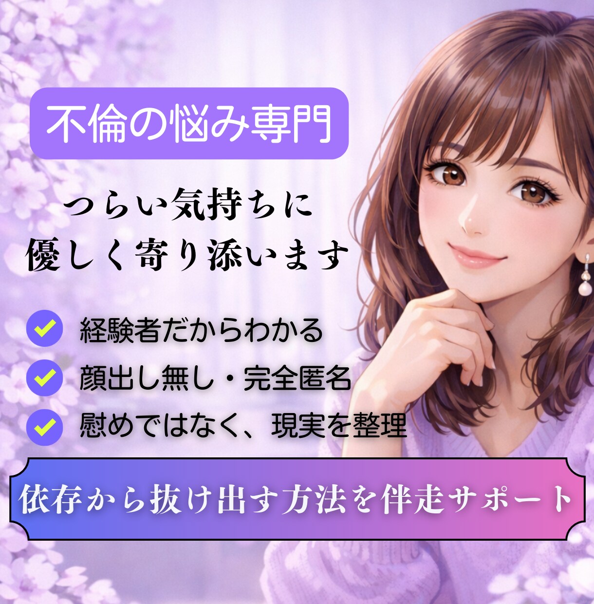 不倫相談｜既婚者を好きで辛い方へ寄り添います 泣くだけで終わらせない本気の7日間 イメージ1