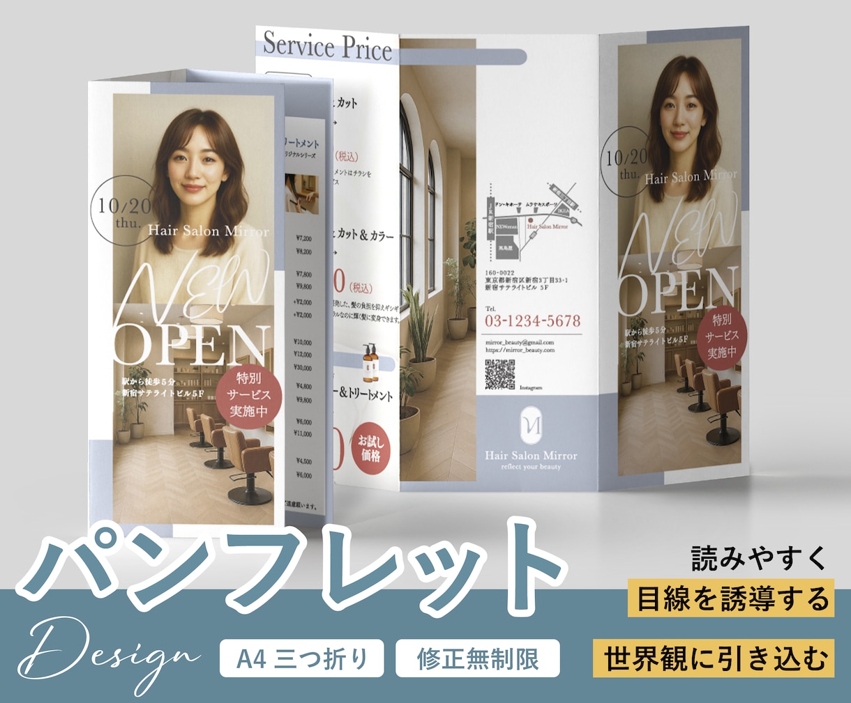 両面デザイン！三つ折りパンフレット作成します 目線を誘導し、結果・効果に繋がるパンフレット！ イメージ1