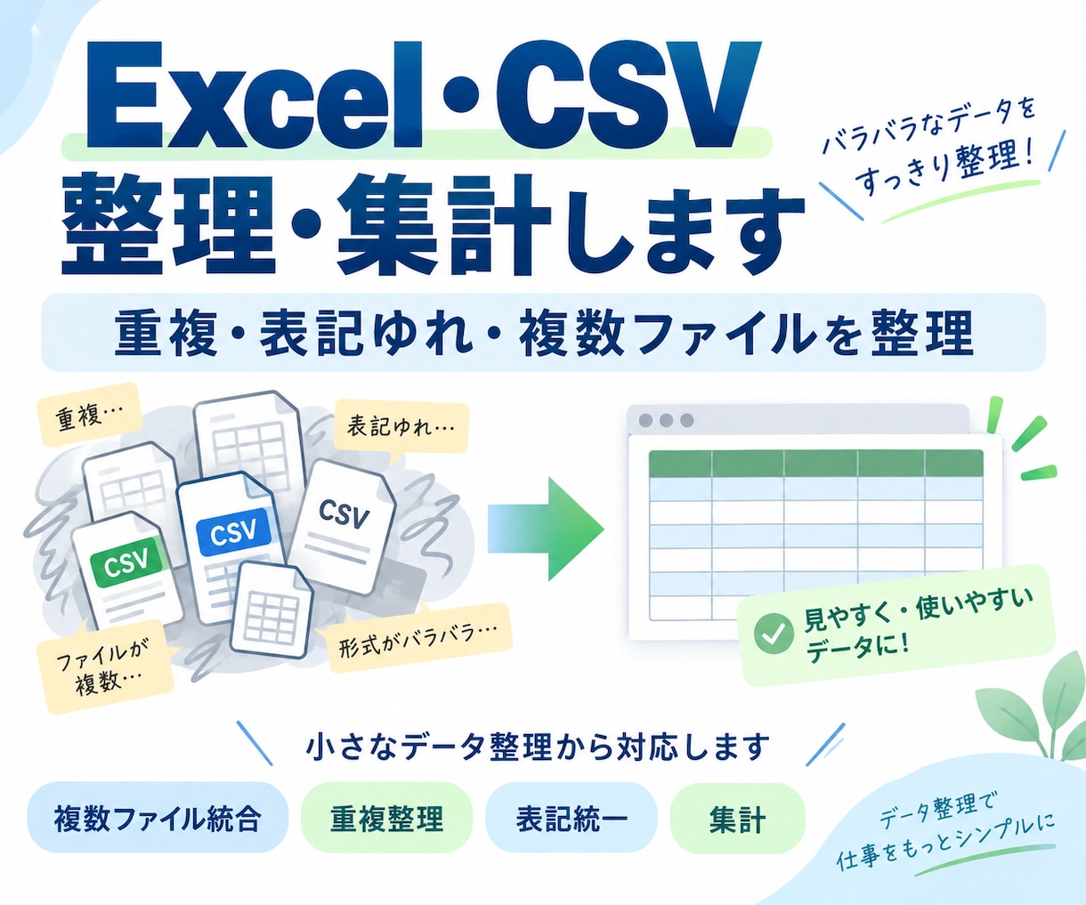 Excel・CSVを整理・集計します 複数ファイル・重複・表記ゆれ・集計をまとめて整理します イメージ1