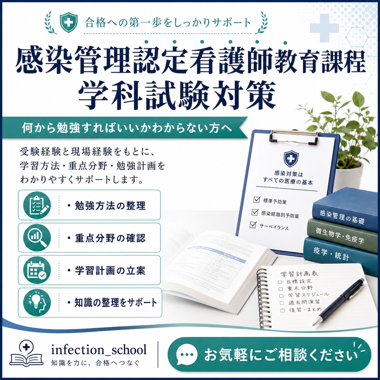 感染管理認定看護師教育課程の受験対策を伴走します 感染管理認定看護師を目指す方の学習を実践的にサポートします! イメージ1