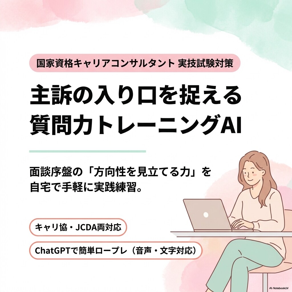 国キャリ実技面談｜質問力トレーニングAI提供します 面談序盤の質問力を鍛え主訴の方向性を見立てる練習ができます イメージ1