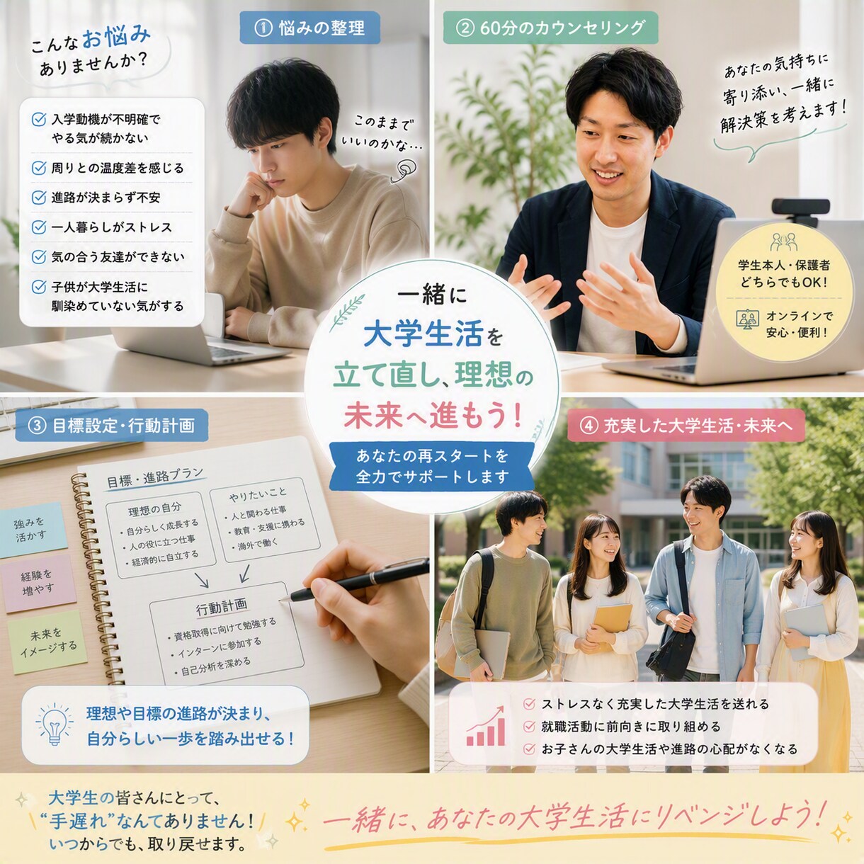 現役大学職員が大学生活・進路などの悩みを解決します 大学生・保護者向けカウンセリング 大学生活の立て直しを支援。 イメージ2