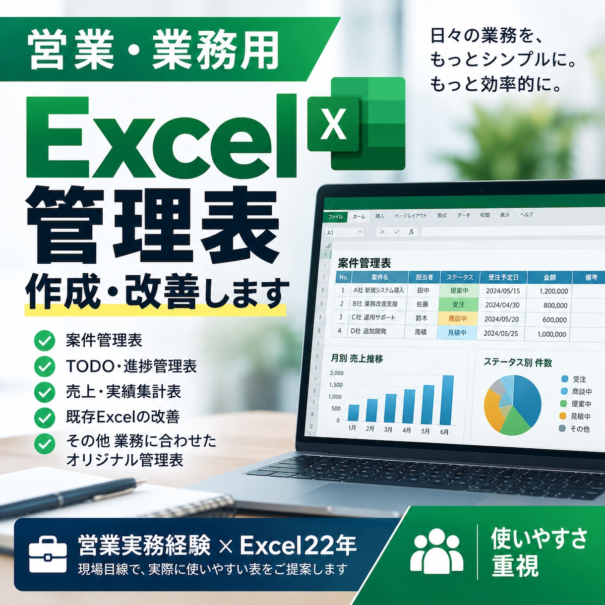 営業・業務用のExcel管理表を作成・改善します 営業経験を活かし、現場で使いやすい表に整えます イメージ1