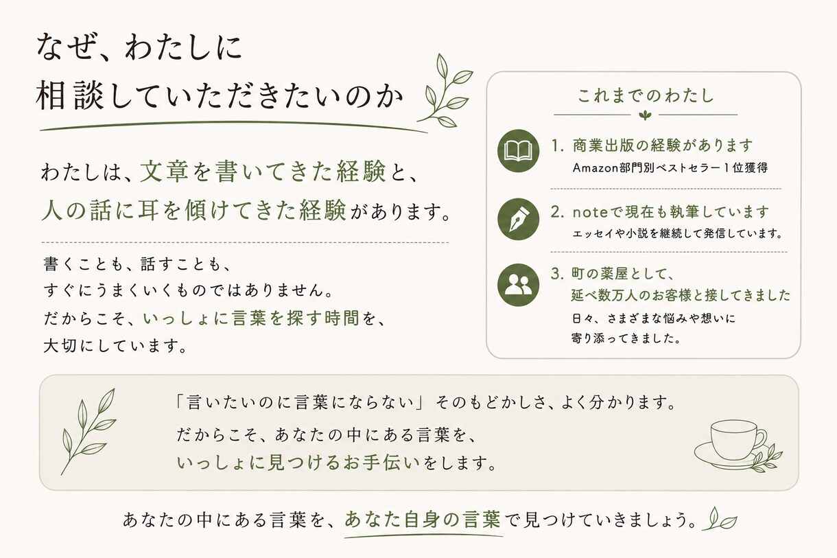 あなたの「言いたい・書きたいこと」を一緒に探します うまく書く前にまず「何を書きたいのか」を見つけましょう イメージ3