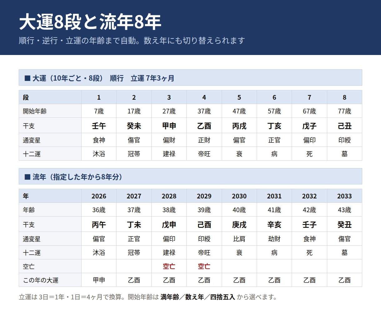 四柱推命の命式・大運・鑑定書をExcelで作ります 体験版が無料。ご自身の命式で確かめてから購入できます イメージ3