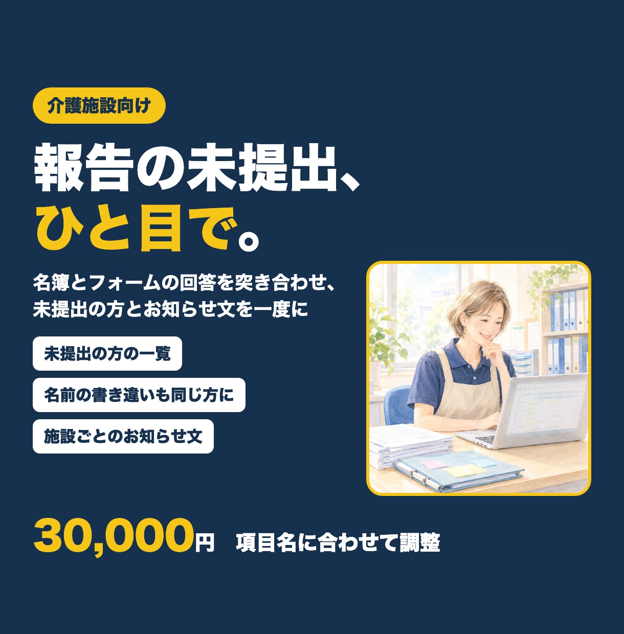 介護施設の報告の未提出チェックを自動にします 名簿と回答を突き合わせ、未提出の方とお知らせ文を一度に イメージ1