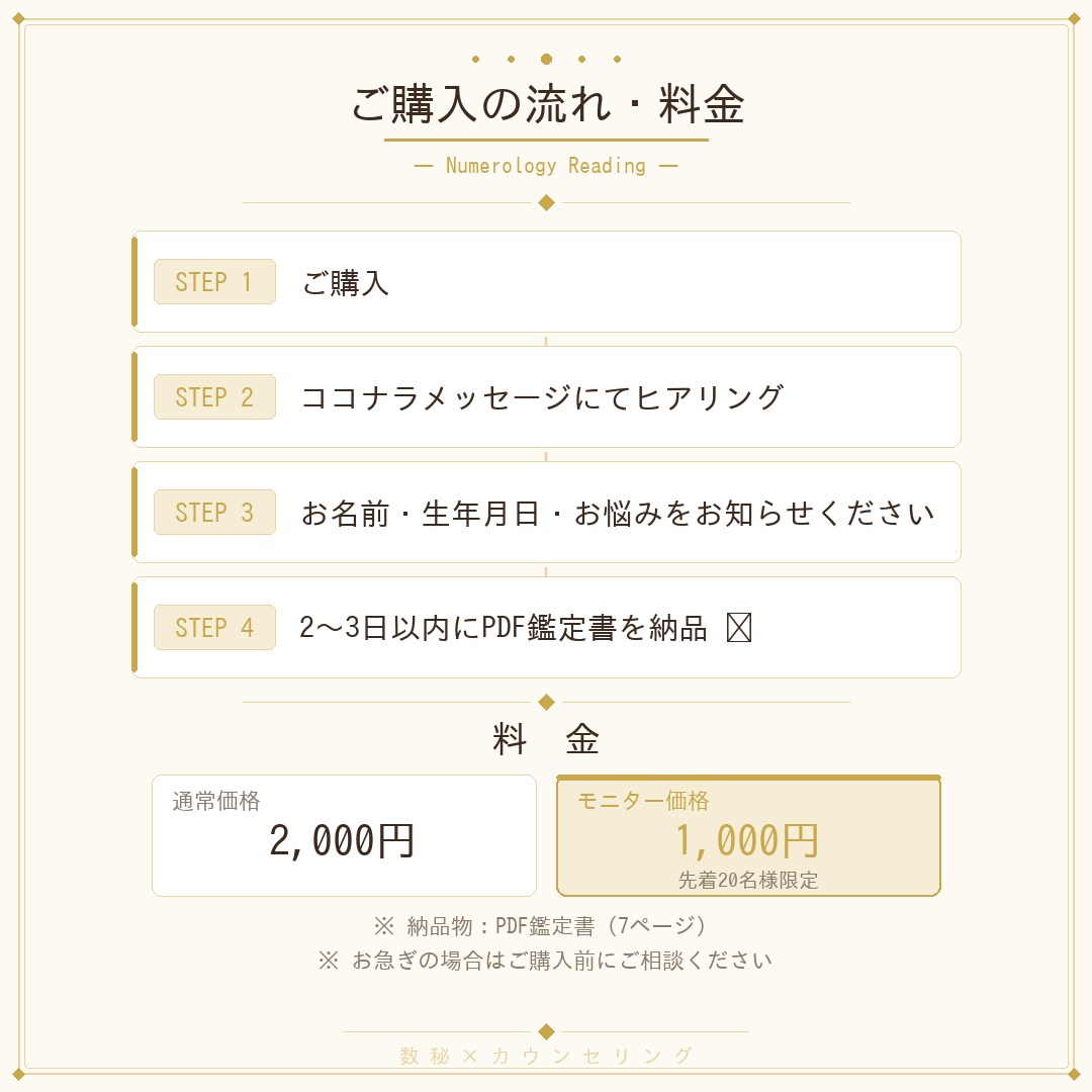 あなただけの数秘鑑定書をお届けします 数秘×カウンセラーが贈るあなただけのPDF鑑定書。 イメージ3