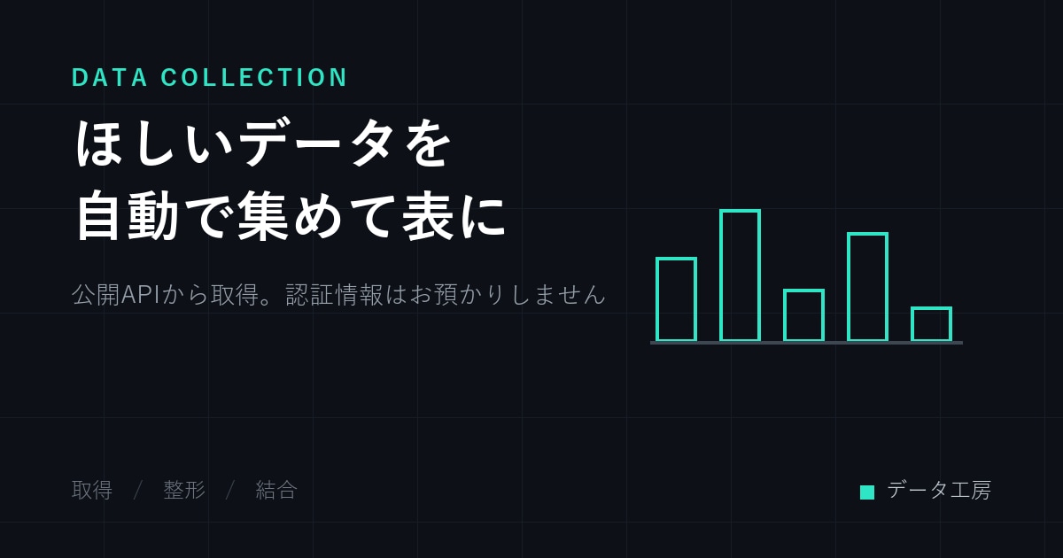 ほしいデータを自動で集めて表にします 公開APIから取得します。認証情報はお預かりしません イメージ1